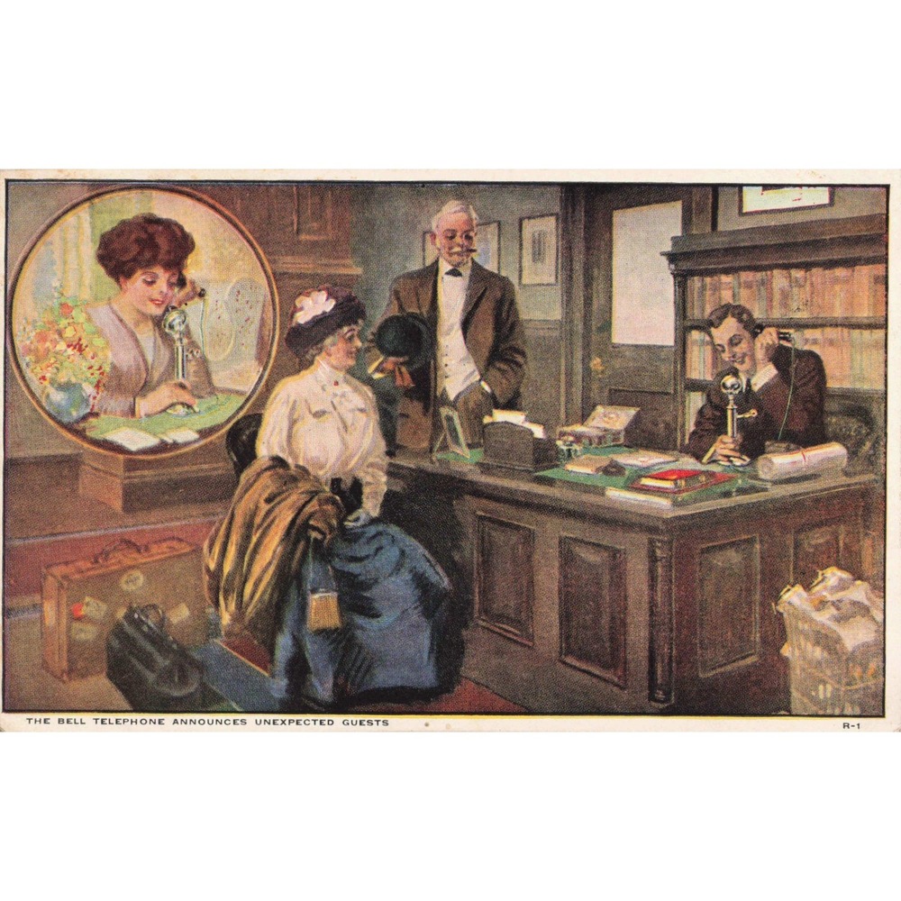 Vtg Bell Telephone Announces Unexpected Guests Postcard R-1 AT&T Illustration